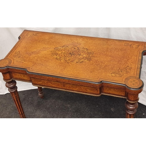 314 - Napoleon III walnut marquetry inlaid card table on turned fluted supports 70x90x45cm closed