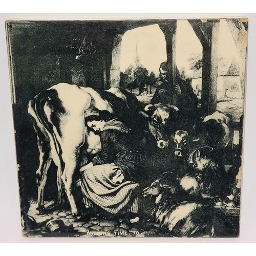 365A - Photographic decorated tile by the Photo Decorated Tile Co depicting “Milking Time, 70” 1905 6”sq (p... 