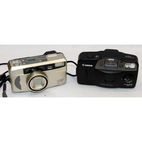 343 - Collectible 35mm film compact cameras: Olympus AF-10, Canon SureShot 105u and AF-7 and Nikon OneTouc... 