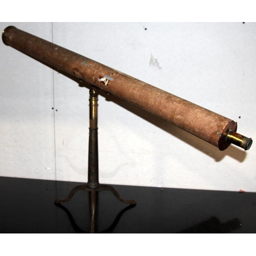 125 - Vintage large telescope of card, wood and brass construction mounted on a removeable diminutive cast... 