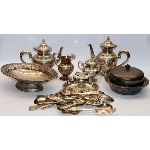 333 - A collection of vintage silver plated items including a tea service and a quantity of flatware