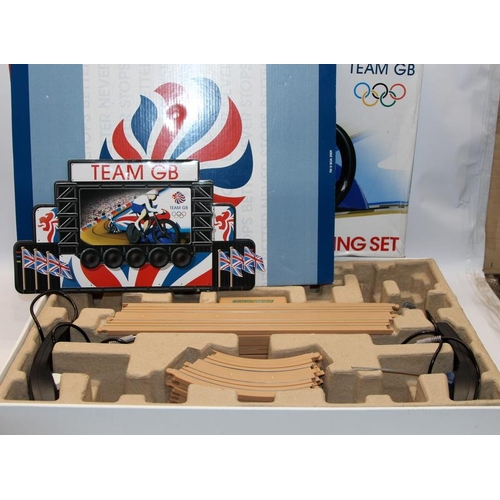 185 - Scalextric Team GB Velodrome Cycling set. Lot includes 2 x boxed part sets, only one cyclist include... 