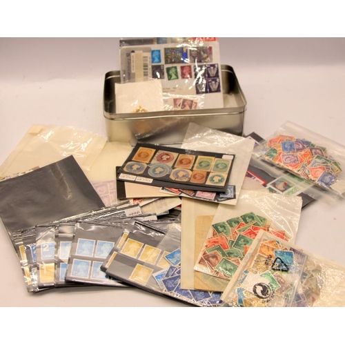 168 - Shoebox of World postage stamps sorted by country into envelopes c/w a tin of GB stamps to sort and ... 