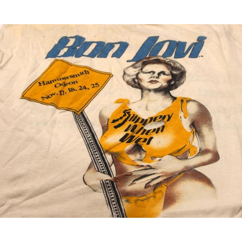 133 - Bon Jovi 1986 Slippery When Wet T-shirt with Margaret Thatchers face added to album cover pic. This ... 