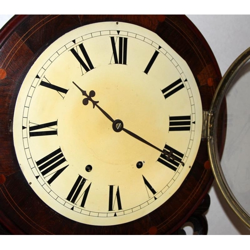 194 - Antique mahogany inlaid 8 day drop dial wall clock with large 12