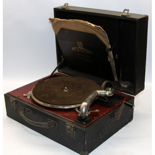 195 - Academy Senior portable wind up gramophone. Motor winds and runs, not tested further