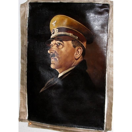 139 - Original unsigned oil on canvas (rolled) of Adolf Hitler 40cms x 60cms c/w a WWII era German propaga... 