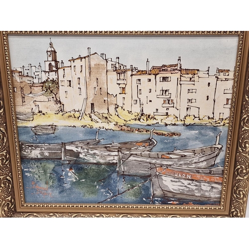 29 - Two framed Mediterranean abstract paintings by named artist Bernard Dufour, both signed