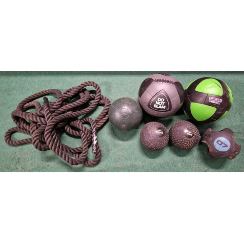 376 - Collection of various exercise weight balls together with some ropes.