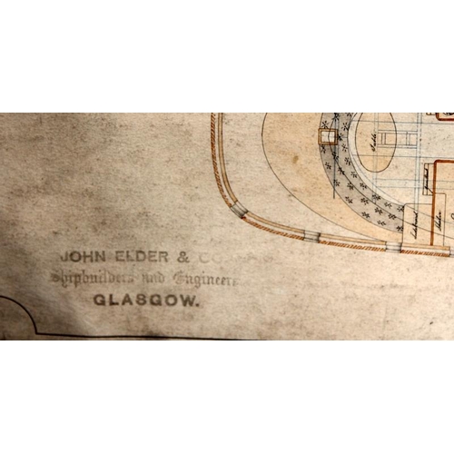 217 - Victorian framed hand drawn draughtsman's technical drawing of a steam ship as designed by John Elde... 