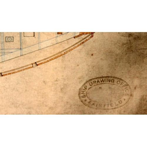 217 - Victorian framed hand drawn draughtsman's technical drawing of a steam ship as designed by John Elde... 