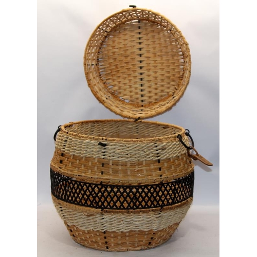 232 - Multi texture woven wicker barrel shaped linen/storage basket with Harrods label attached. 42cms tal... 