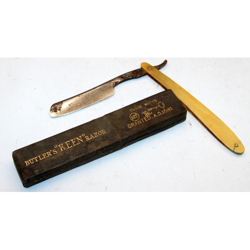 250 - A small collection of vintage cut throat razors including cased examples by Fisher, Butler's and Her... 