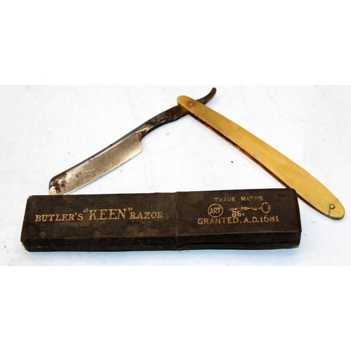 250 - A small collection of vintage cut throat razors including cased examples by Fisher, Butler's and Her... 