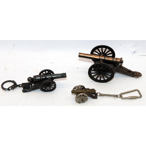 267 - 3 x vintage miniature key ring cap guns, one with holster c/w 3 x miniature cannon