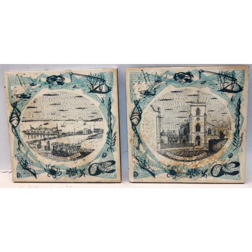 290 - Vintage Carter Tiles blue and white ceramic tiles featuring Poole landmarks. Five 6x6 tiles in lot