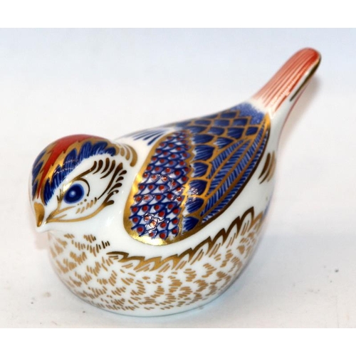 297 - Royal Crown Derby Imari paperweight of a Goldcrest with gold stopper c/w 3 x Dartmouth Gurgle jugs a... 