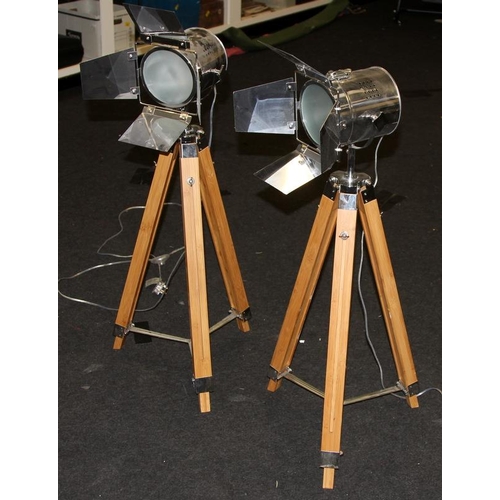 303 - A pair of retro floor standing theatre style chrome spotlights with barn door shutters on adjustable... 