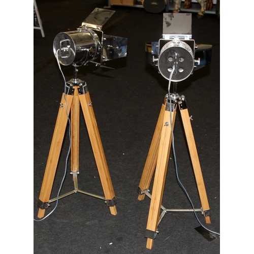 303 - A pair of retro floor standing theatre style chrome spotlights with barn door shutters on adjustable... 