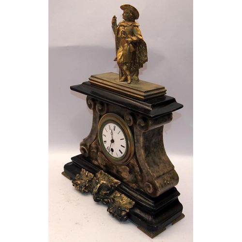 379 - Antique French mantel clock of marble and gilded and ebonised wood construction With a gilded cast m... 