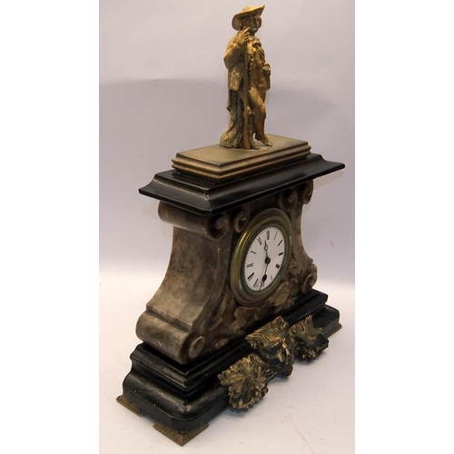 379 - Antique French mantel clock of marble and gilded and ebonised wood construction With a gilded cast m... 