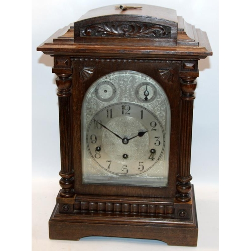 71 - Antique German 8 day three train carved mahogany cased bracket clock. Ticking when wound but chiming... 