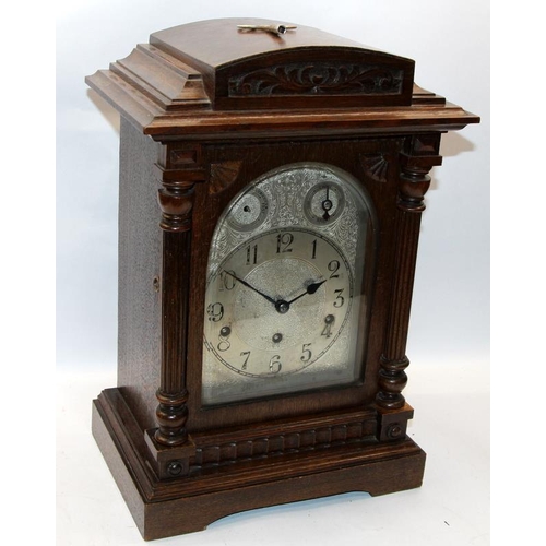 71 - Antique German 8 day three train carved mahogany cased bracket clock. Ticking when wound but chiming... 