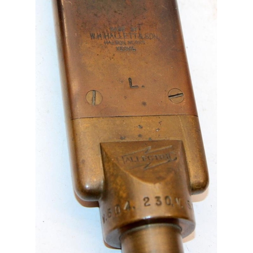 155 - 1900's W.H. Hallett & Son, Yeovil Hallectric brass glove iron (left hand). O/all length 50cms