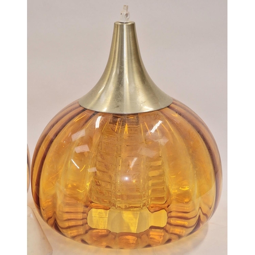 170 - Pair of mid 20th century amber glass Swedish onion shape pendant hanging light fittings.