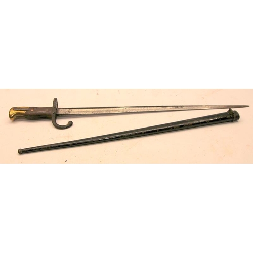 99A - Two French 1874 pattern T- back Gras sword bayonets, one with scabbard and dated 1885, the other wit... 