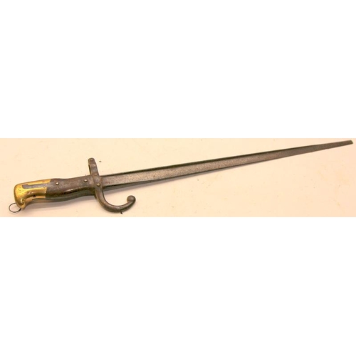 99A - Two French 1874 pattern T- back Gras sword bayonets, one with scabbard and dated 1885, the other wit... 