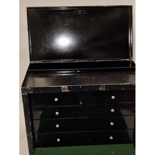 385 - A vintage black painted metal lockable engineers cabinet fitted with six drawers. Includes key.