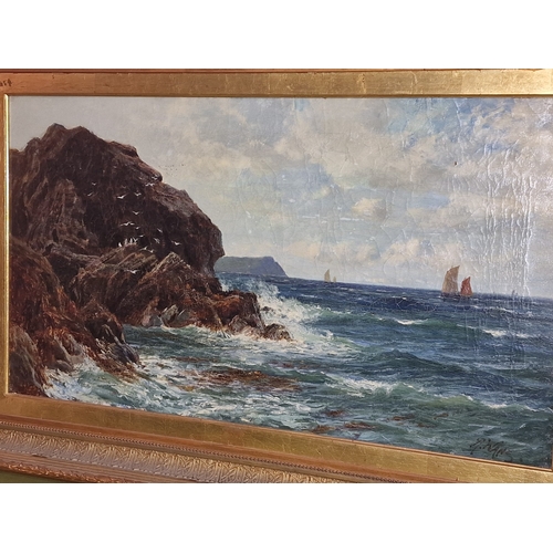 2 - R Wane: Gilt framed antique oil on canvas painting of a coastal scene signed 68x102cm.