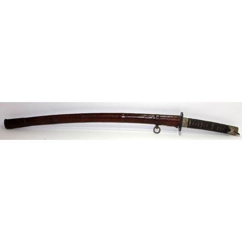 148 - Mid 20th century WWII era Shin Gunto Katana housed in a tan leather scabbard with a fabric wrapped r... 