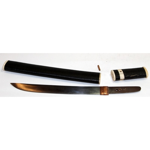 156 - Vintage Japanese Tanto short sword housed in a wound thread scabbard with bone finials. Blade length... 