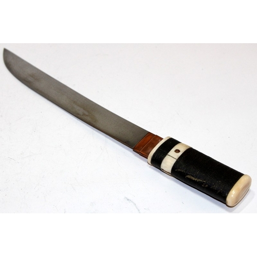 156 - Vintage Japanese Tanto short sword housed in a wound thread scabbard with bone finials. Blade length... 