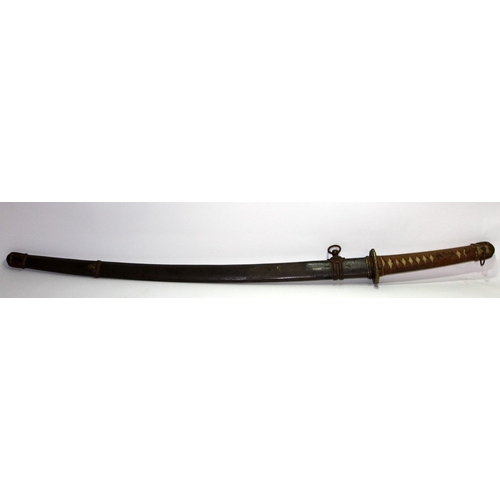 149 - WWII Japanese Army Officer's Shin Gunto sword housed in a painted metal scabbard. Fabric wrapped ray... 