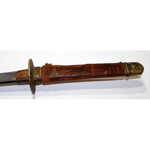 157 - Vintage Japanese Katana sword with a blade length of 69cms. housed in a tan leather bound wooden sca... 