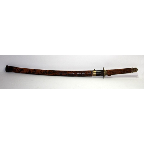 157 - Vintage Japanese Katana sword with a blade length of 69cms. housed in a tan leather bound wooden sca... 