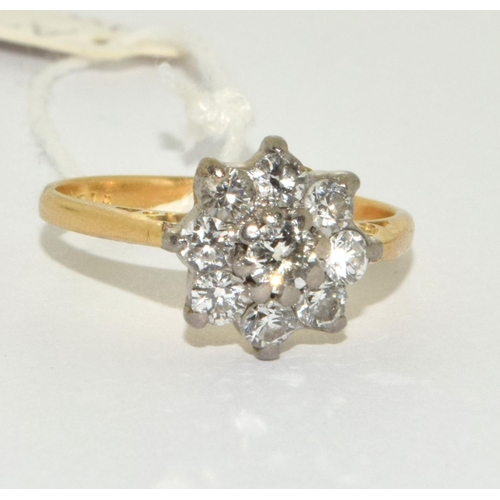 319 - 18ct gold ladies Diamond daisy ring approx 0.65ct,size L