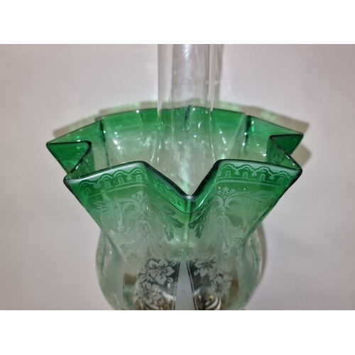 11 - Vintage large brass column oil lamp c/w green and opaque glass shade and chimney. 64cm tall.