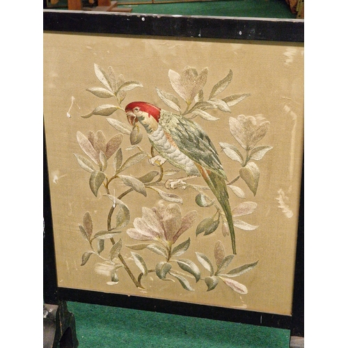 234 - Vintage wooden fire screen with silk panel depicting a cockatoo 82x57cm.