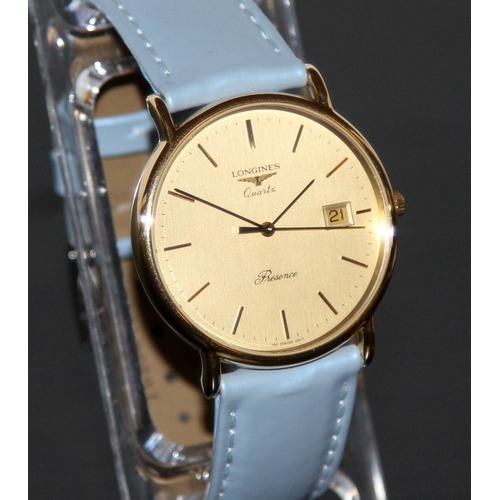 228 - Longines Presence gents slim dress watch. Presentation inscription to caseback. Working at time of l... 