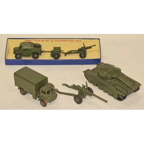 134 - Dinky Toys military group to include 623 Army Covered Wagon, 692 5.5 Medium Gun, 651 Centurion Tank ... 