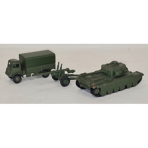 134 - Dinky Toys military group to include 623 Army Covered Wagon, 692 5.5 Medium Gun, 651 Centurion Tank ... 