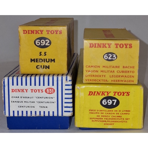 134 - Dinky Toys military group to include 623 Army Covered Wagon, 692 5.5 Medium Gun, 651 Centurion Tank ... 