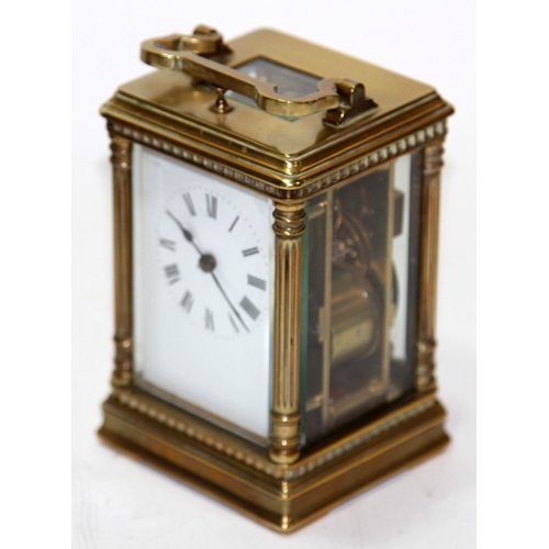 138 - Quality Victorian French repeater carriage clock with original travel case. 13cms tall. Not supplied... 