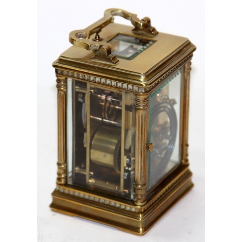 138 - Quality Victorian French repeater carriage clock with original travel case. 13cms tall. Not supplied... 