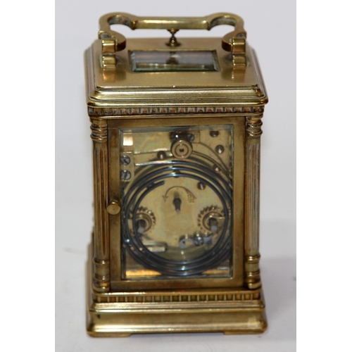 138 - Quality Victorian French repeater carriage clock with original travel case. 13cms tall. Not supplied... 