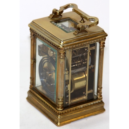 138 - Quality Victorian French repeater carriage clock with original travel case. 13cms tall. Not supplied... 